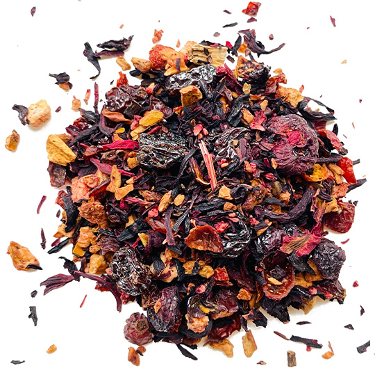 fruit garden herbata leo tea Owocowa herbatka z jabłkiem, hibiskusem, rodzynkami oraz liofilizowanymi truskawkami i malinami. Świeży i owocowy smak, idealny na relaksujący popołudniowy odpoczynek lub jako orzeźwiająca alternatywa dla napojów bezalkoholowych.