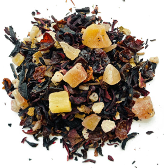 owocowa herbatka leo tea owoce tropikalne Owocowa herbata z hibiskusem, owocem dzikiej róży, ananasem, rodzynkami, skórką pomarańczy, mango i papają. Bogata w smaku i aromacie mieszanka owoców, idealna na chłodne i ciepłe dni